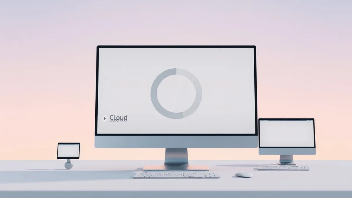 Illustration: A sleek silver desktop monitor displays a cloud storage interface with the circular capacity indicator shrinking dramatically.