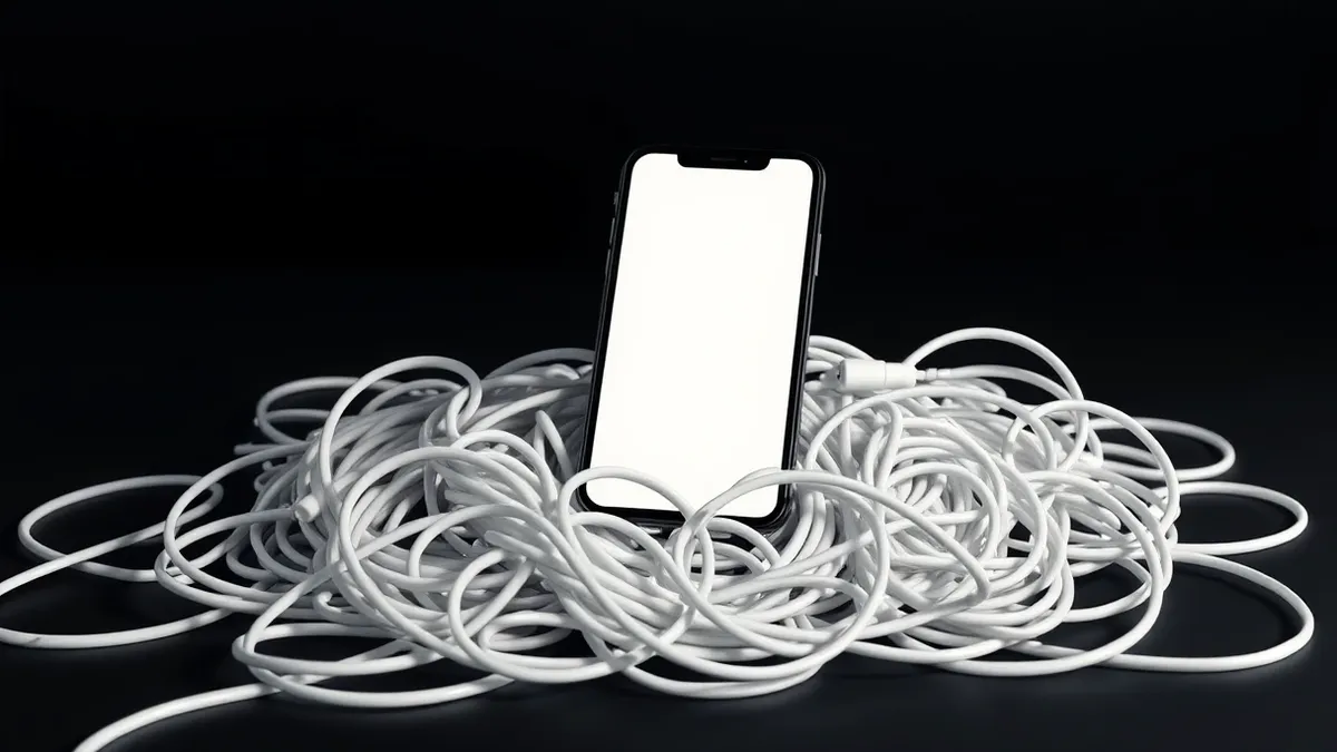 Illustration: A blank smartphone rests on a bed of tangled white charging cables, its screen displaying only abstract grey blocks that represent exposed booking data.