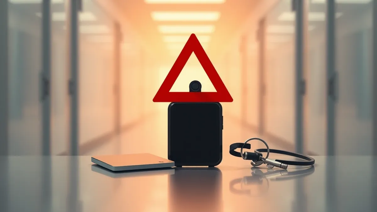 Illustration: A sleek black security badge rests on a polished metal desk next to a silver keycard.