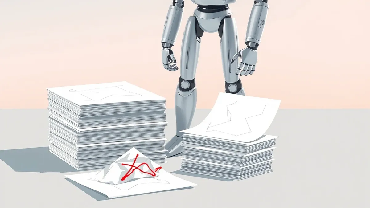 Illustration: A sleek silver robot stands beside a stack of crisp white papers, each covered in neat abstract grey lines.