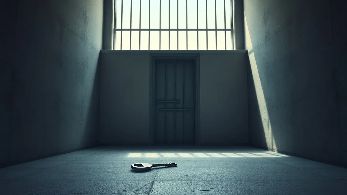 Illustration: A solitary prison cell door stands shut in a dim corridor.