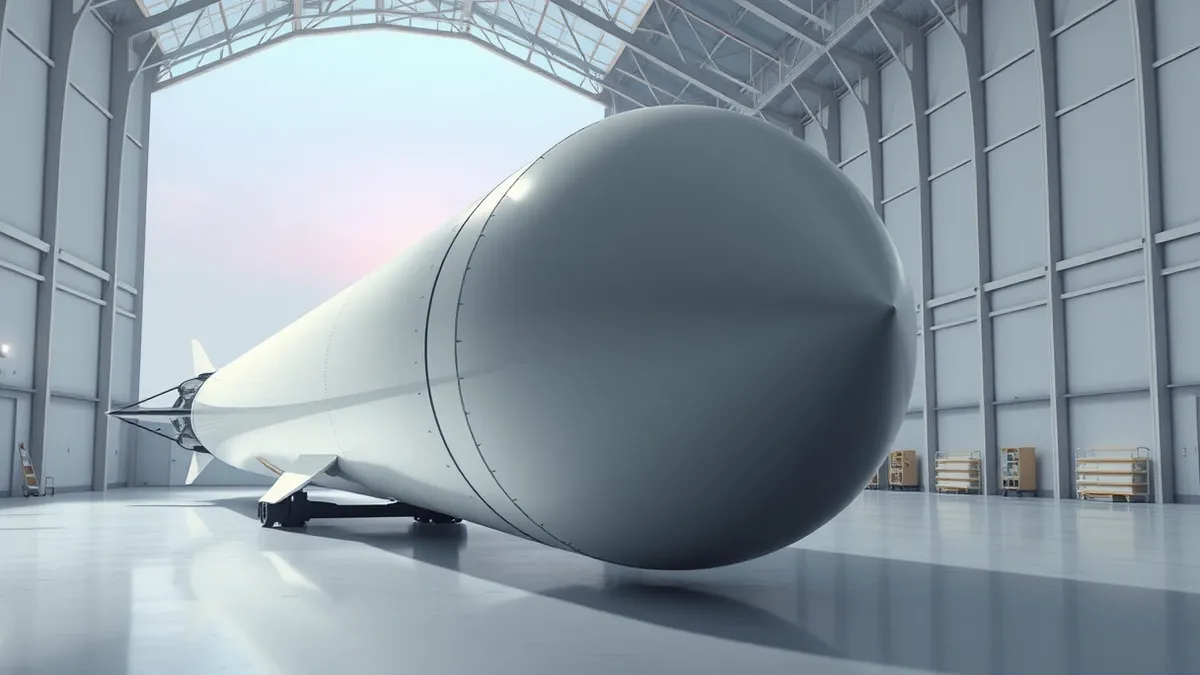 Illustration: A sleek white rocket fuselage stands horizontally inside a clean industrial hangar.