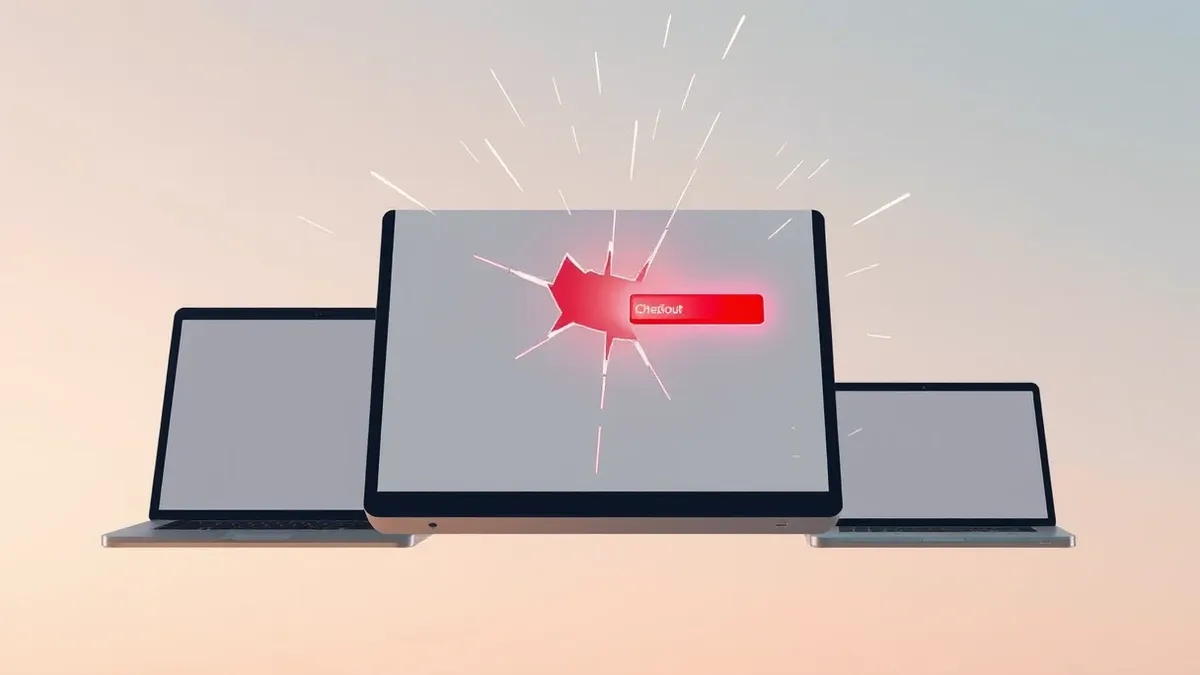 Illustration: A sleek e-commerce product page floats in midair, its checkout button glowing red and cracked.