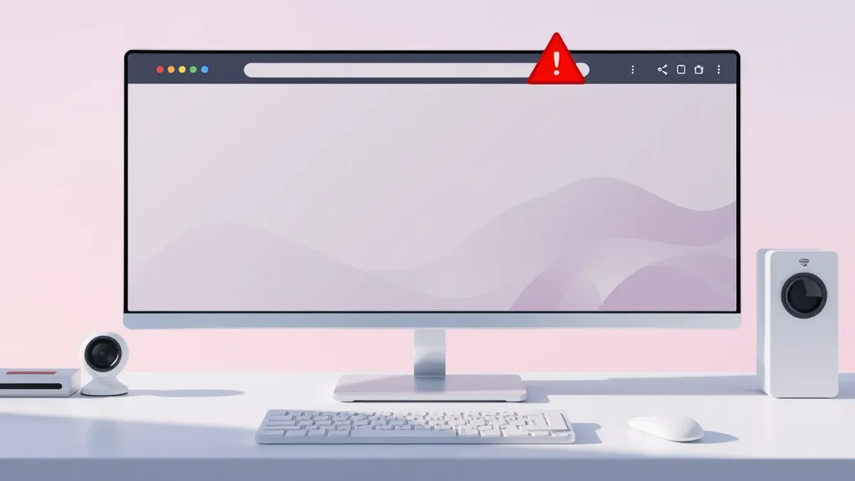 Illustration: A sleek, modern web browser window sits on a clean desk, its address bar blank and its content area filled with soft, abstract geometric shapes.