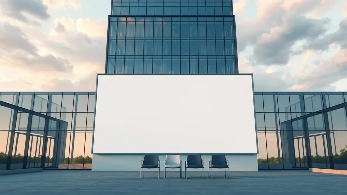Illustration: A sleek glass office building stands under a cloudy sky.