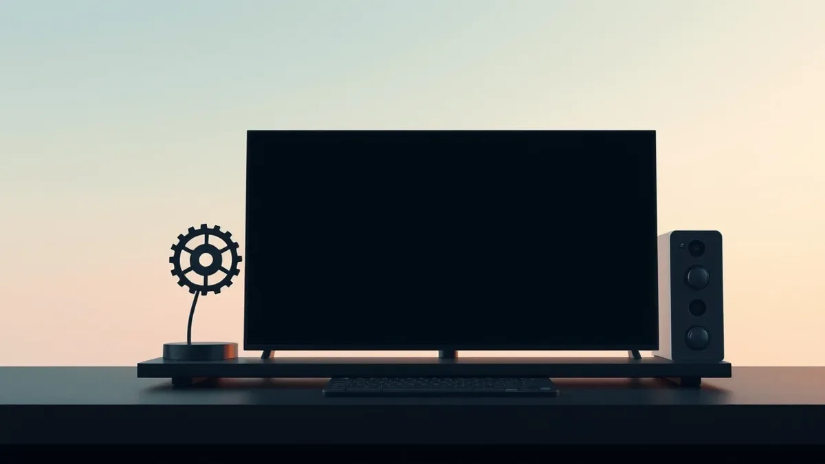 Illustration: A sleek black command line interface window rests on a dark desk, displaying a single terminal prompt.