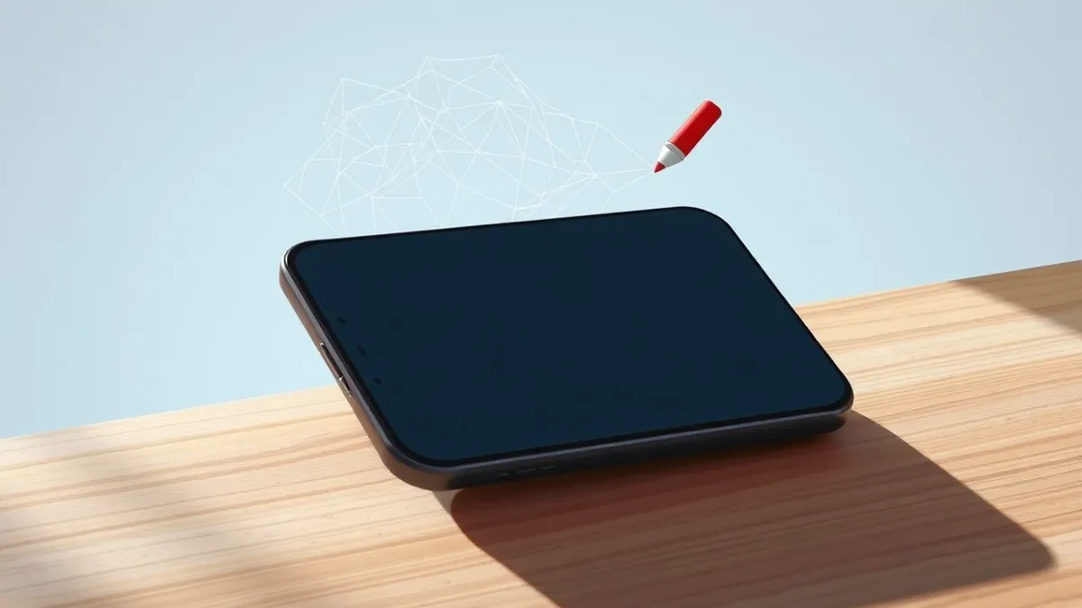 Illustration: A sleek black smartphone rests on a wooden table, its blank screen reflecting overhead light.
