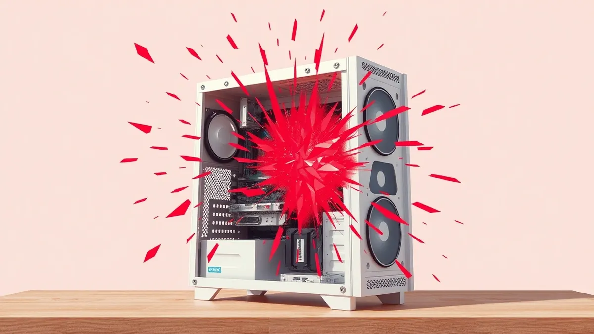 Illustration: A white tower computer sits on a wooden desk with its side panel removed, exposing the internal motherboard and circuit boards.