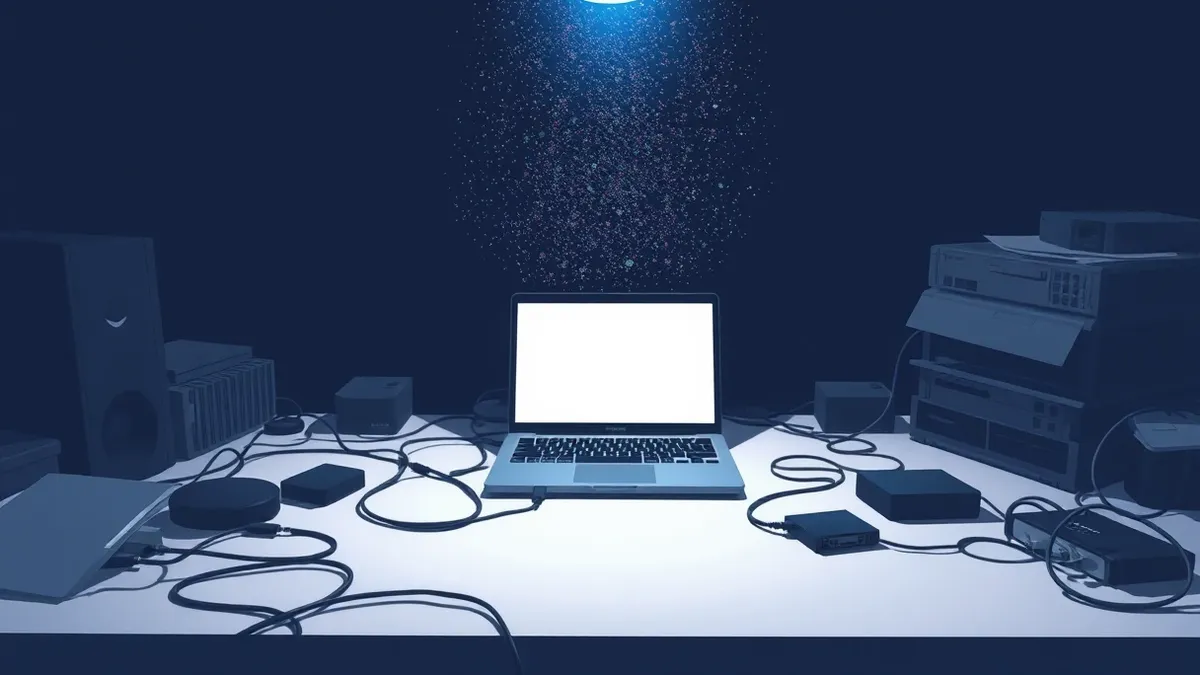 Illustration: A dark, cluttered workspace features a single laptop with a blank screen sitting on a messy desk.