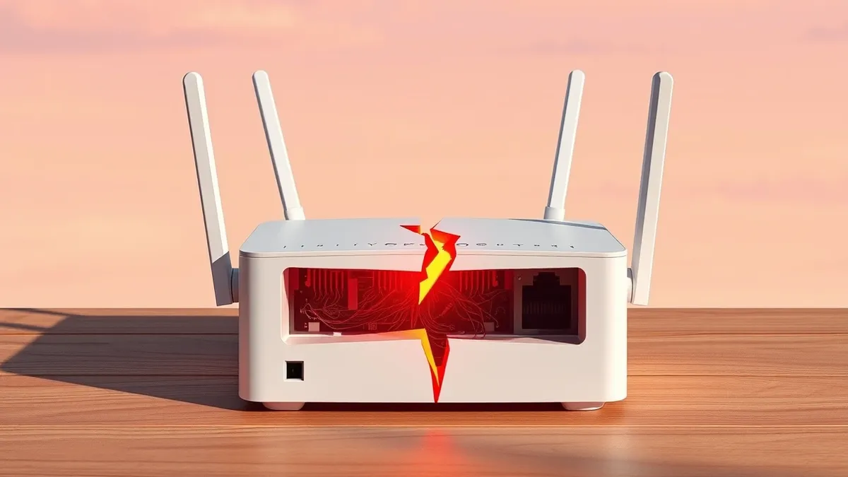 Illustration: A white consumer wireless router with two external antennas sits on a wooden surface.