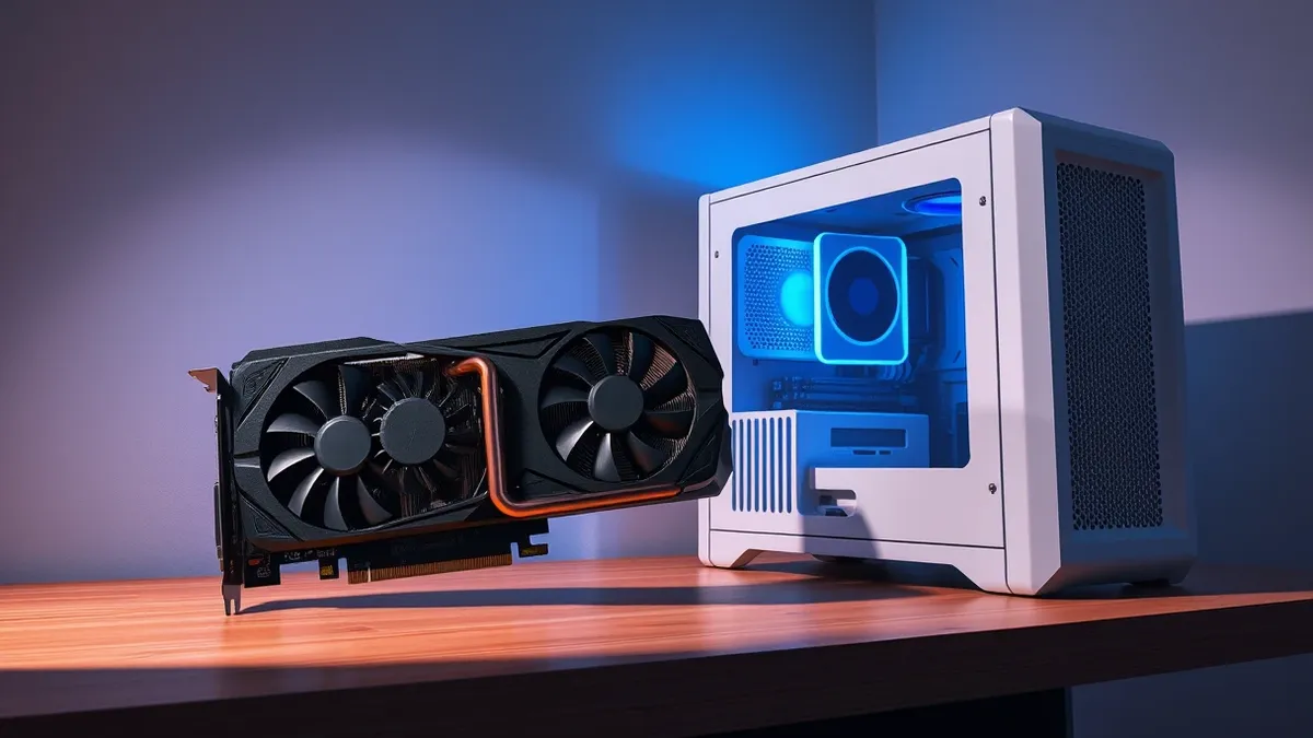 Illustration: A sleek black graphics card with exposed copper cooling pipes rests on a wooden desk next to a small white server tower.