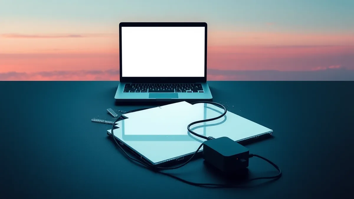 Illustration: A shattered glass pane lies on a dark desk, reflecting the glow of a blank laptop screen.