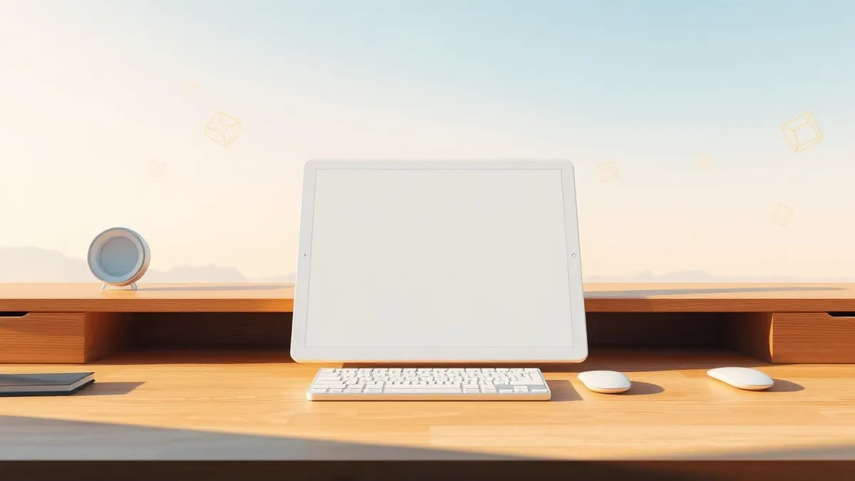 Illustration: A sleek white tablet rests on a wooden desk, displaying a clean digital notebook interface.