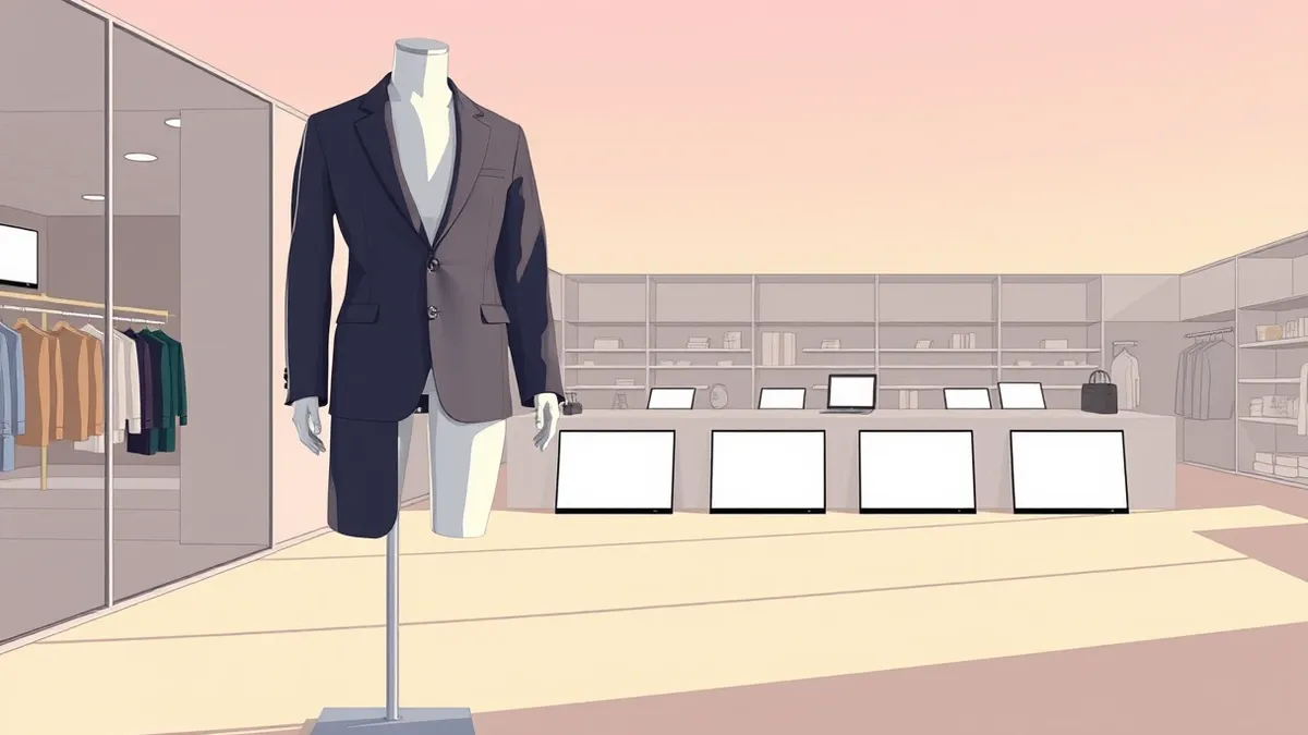 Illustration: A sleek mannequin stands on a retail floor wearing a tailored jacket.