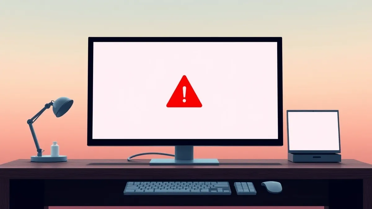 Illustration: A generic desktop computer sits open on a wooden desk.