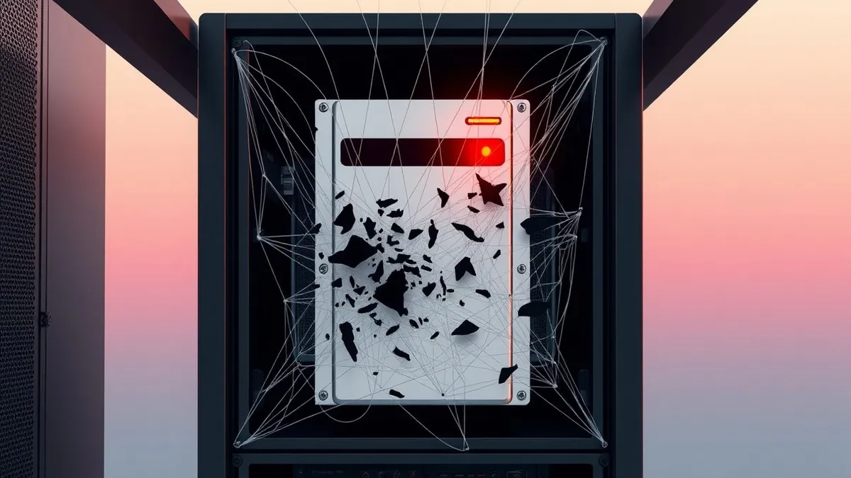 Illustration: A white server blade sits in a dark rack with a red warning light blinking on its front panel.