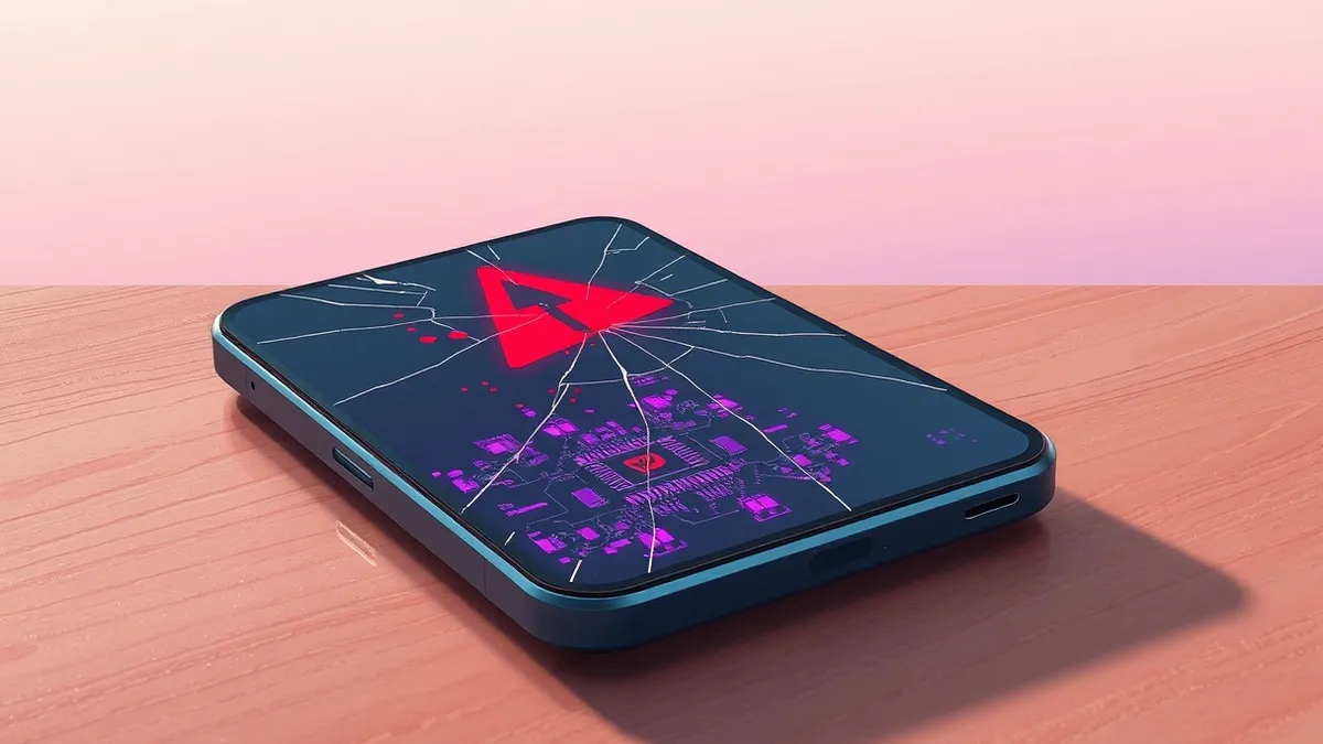 Illustration: A cracked smartphone lies on a wooden table, its screen displaying abstract red warning symbols.