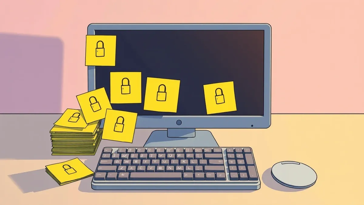 Illustration: A stack of sticky notes covers a desktop monitor and keyboard.