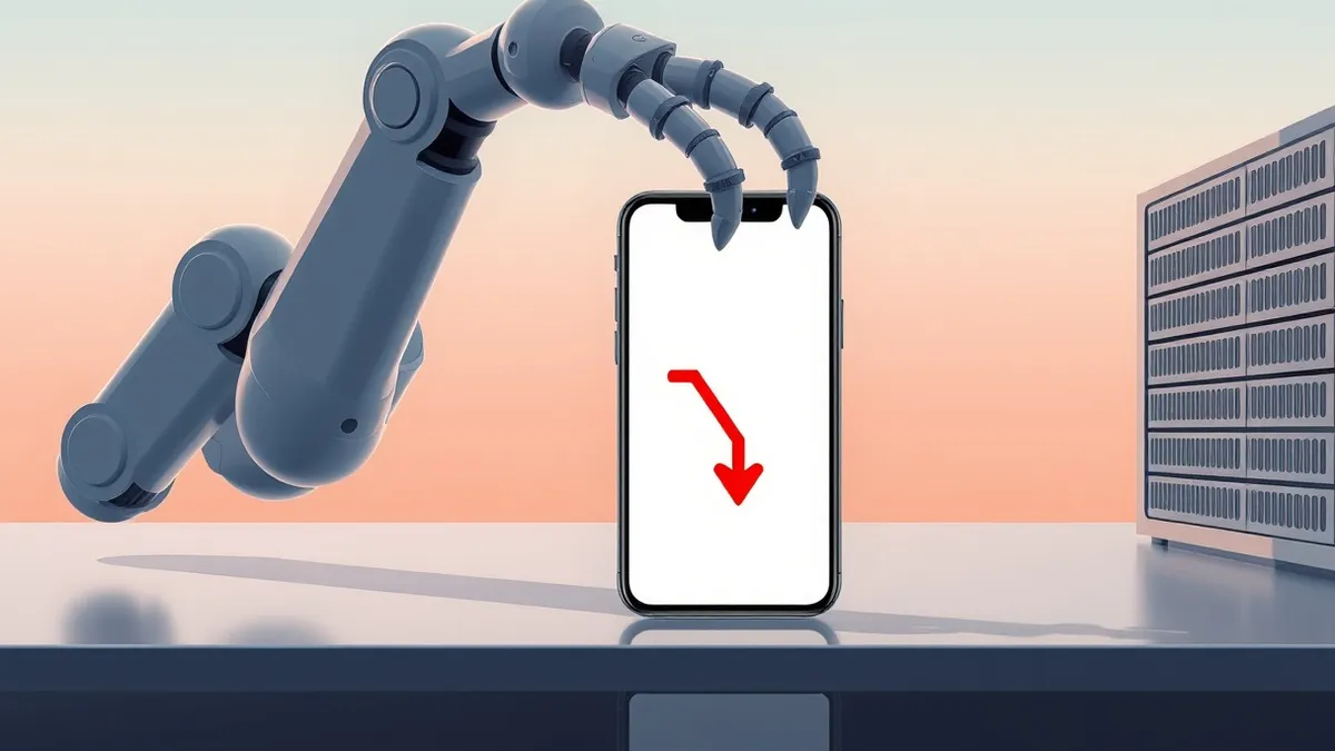 Illustration: A sleek robotic arm reaches toward a blank smartphone screen displaying a flat red downward arrow.