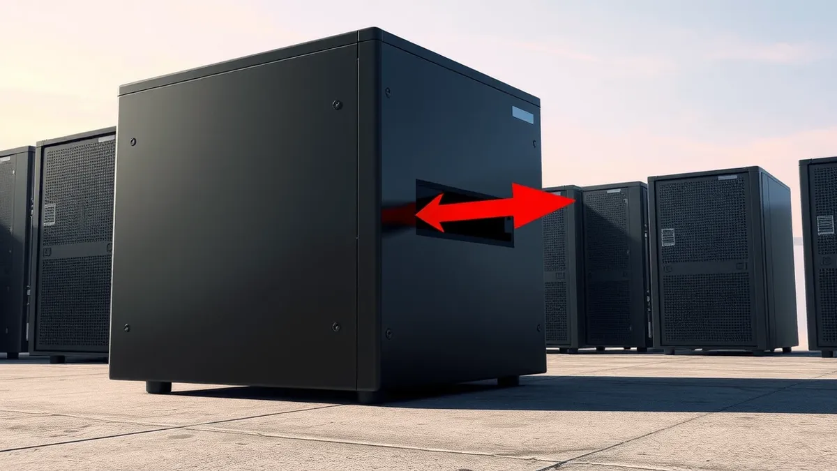 Illustration: A sleek black server box sits on a concrete floor.