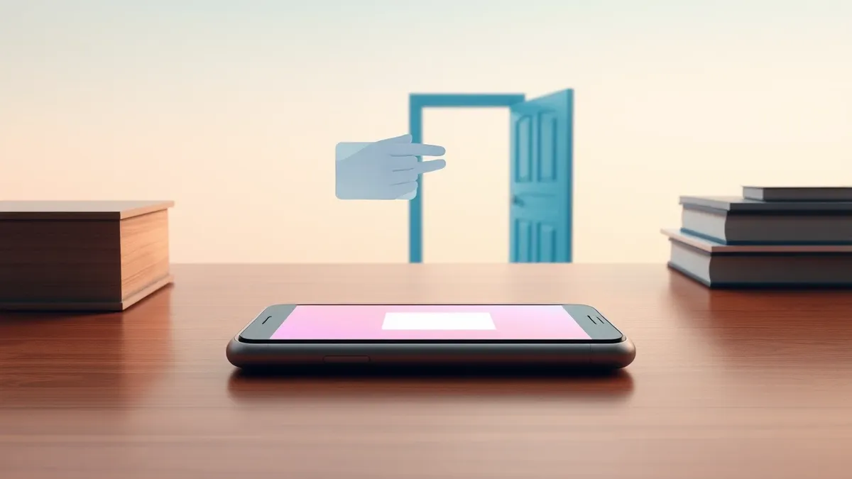 Illustration: A sleek smartphone rests on a polished wooden desk, its screen glowing with a blank calendar invitation icon.