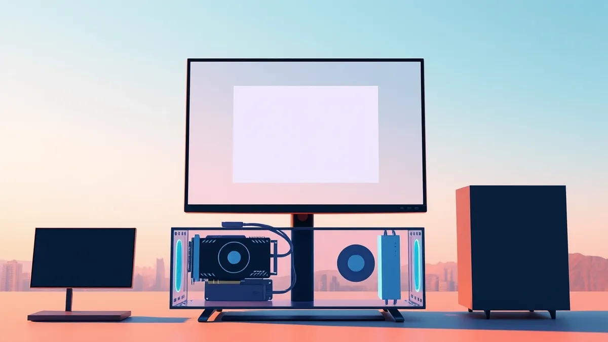 Illustration: A sleek desktop monitor displays a modern graphical interface with abstract window frames.