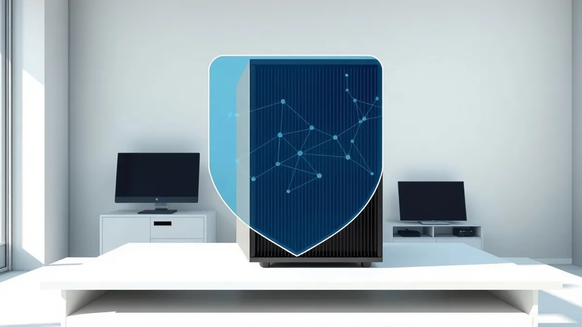 Illustration: A sleek black computer server sits on a clean white desk.