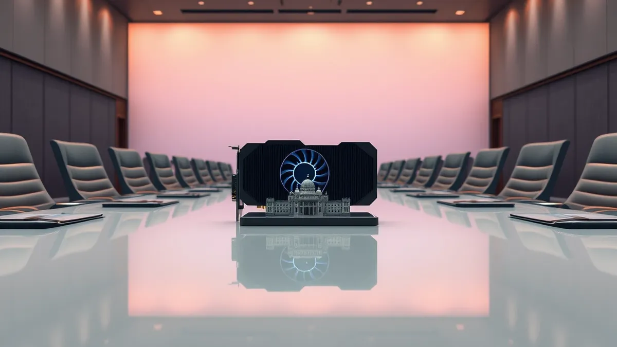 Illustration: A sleek black graphics card sits on a polished conference table next to a small European landmark model.
