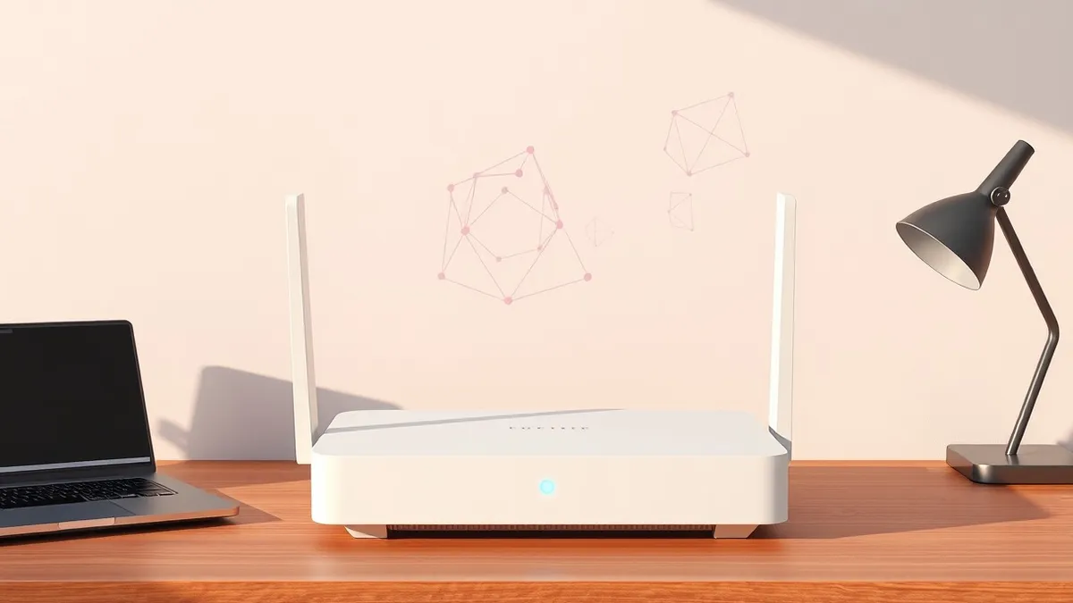 Illustration: A sleek white router sits on a wooden desk, its single blue LED pulsing softly.