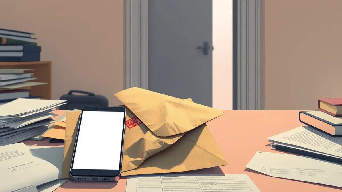 Illustration: A crumpled military envelope rests on a cluttered desk next to a smartphone displaying a blank messaging app.
