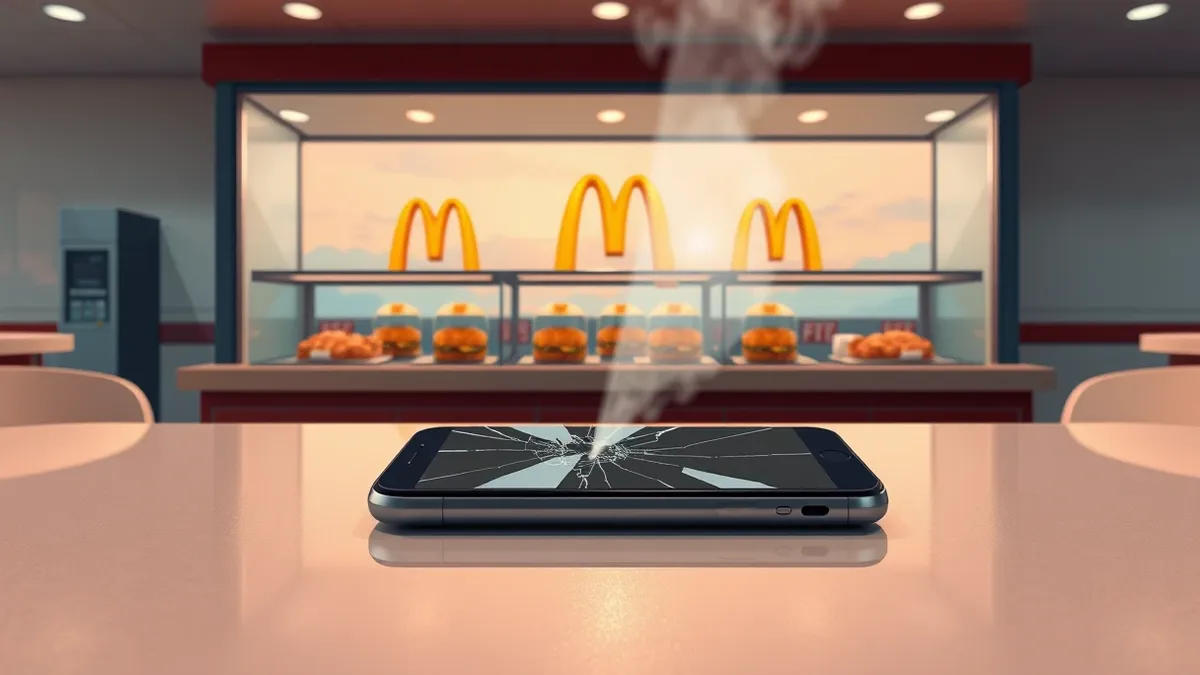 Illustration: A fast-food restaurant counter sits empty behind a glass display case holding golden arches-shaped fried items.