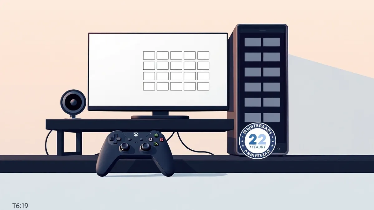 Illustration: A sleek black gaming controller rests on a dark wooden desk next to a modern desktop computer tower.