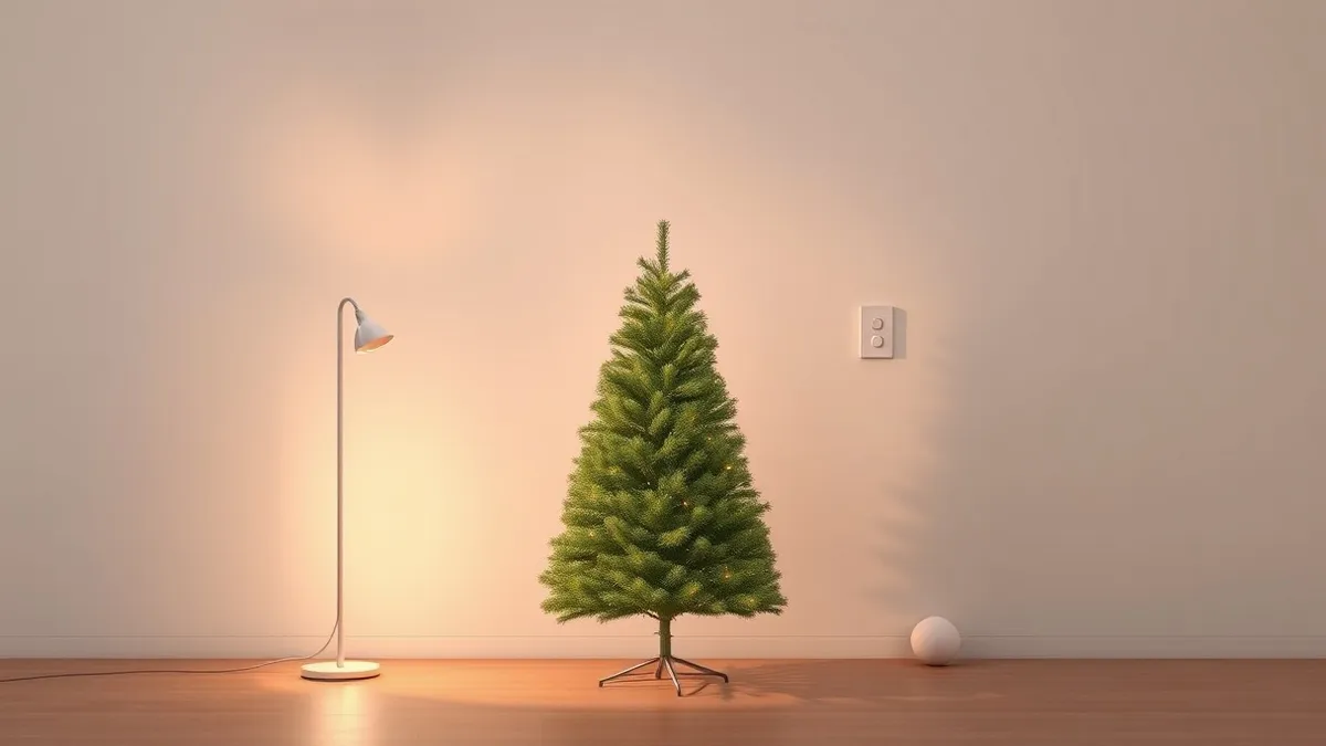 Illustration: A needle-free artificial Christmas tree stands beside a slender floor lamp in a minimalist room.