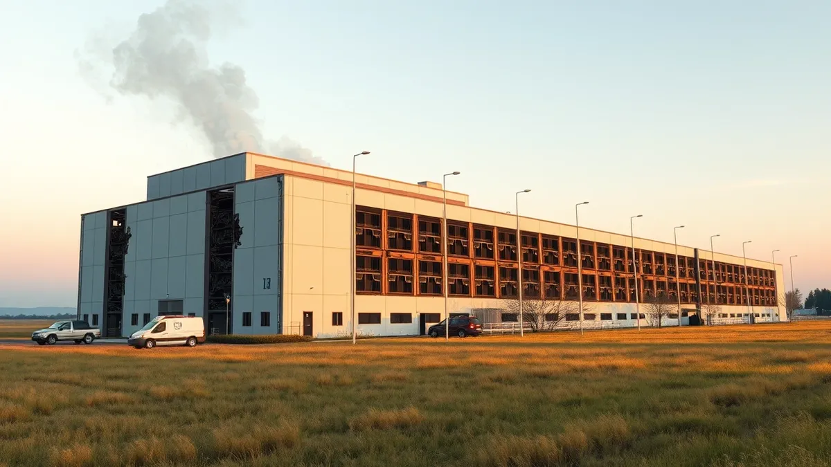 Illustration: A modern data center building sits in a field with visible scorch marks and broken windows.