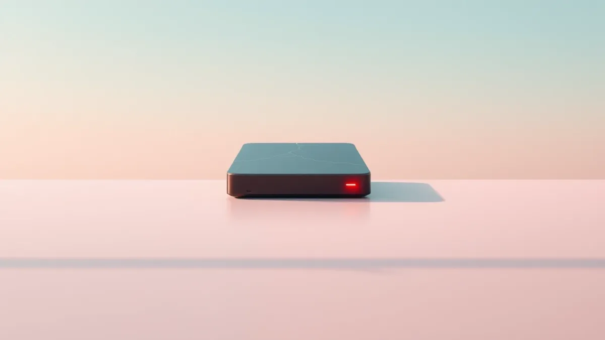 Illustration: A sleek external hard drive rests on a clean desk surface, its indicator light pulsing an ominous red.