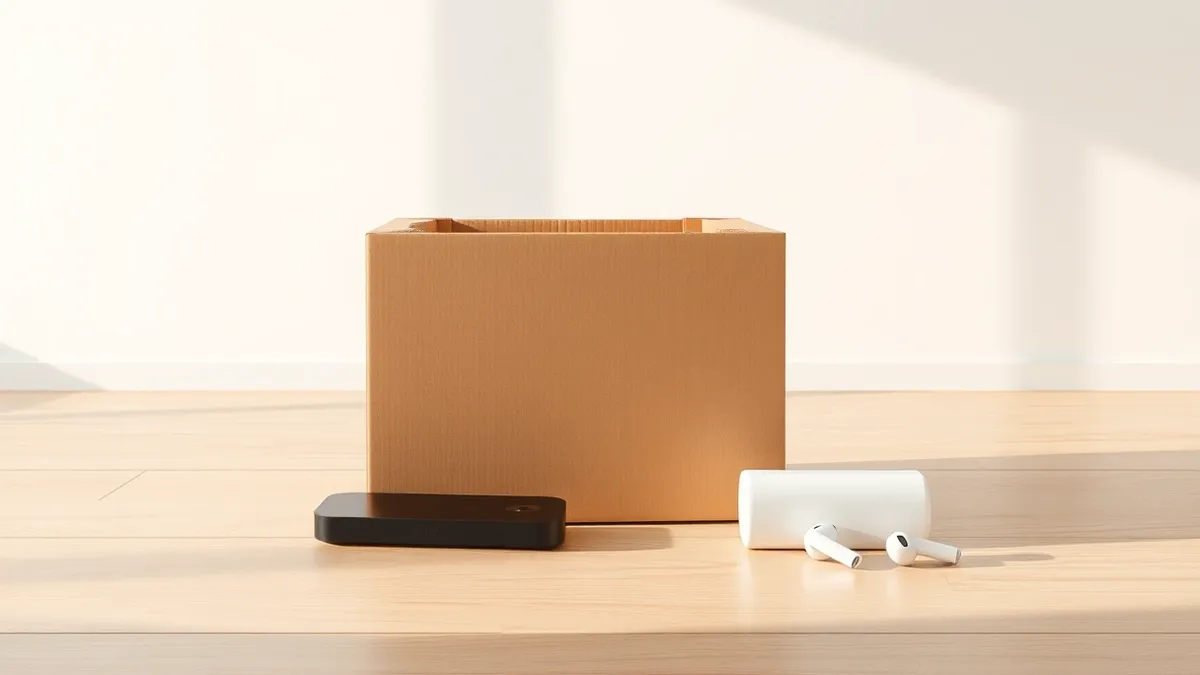 Illustration: An empty cardboard box sits on a polished wooden floor next to a sleek black streaming device and a pair of white wireless earbuds resting on a clean white surface, w