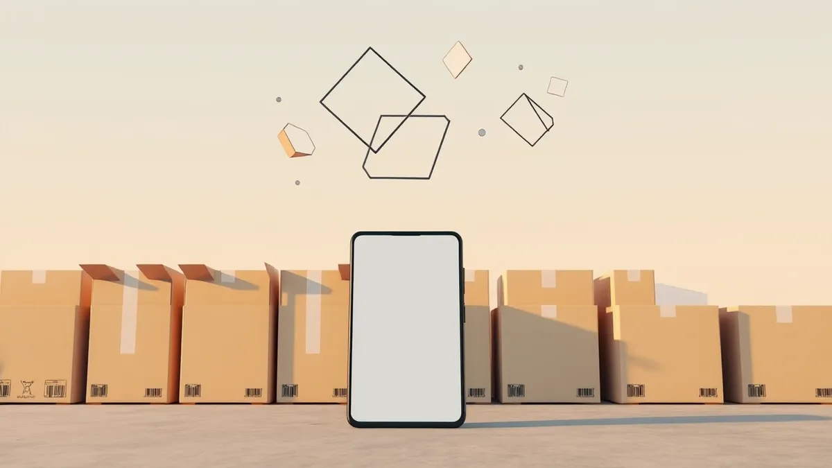 Illustration: A row of empty cardboard boxes sits on a warehouse floor next to a sleek black smartphone with a folded screen standing upright.