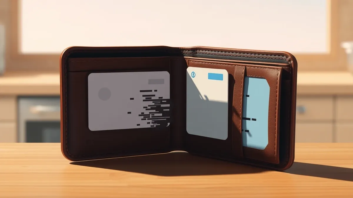 Illustration: A worn leather wallet sits open on a kitchen counter, revealing a blank plastic driver’s license with a blue stripe.