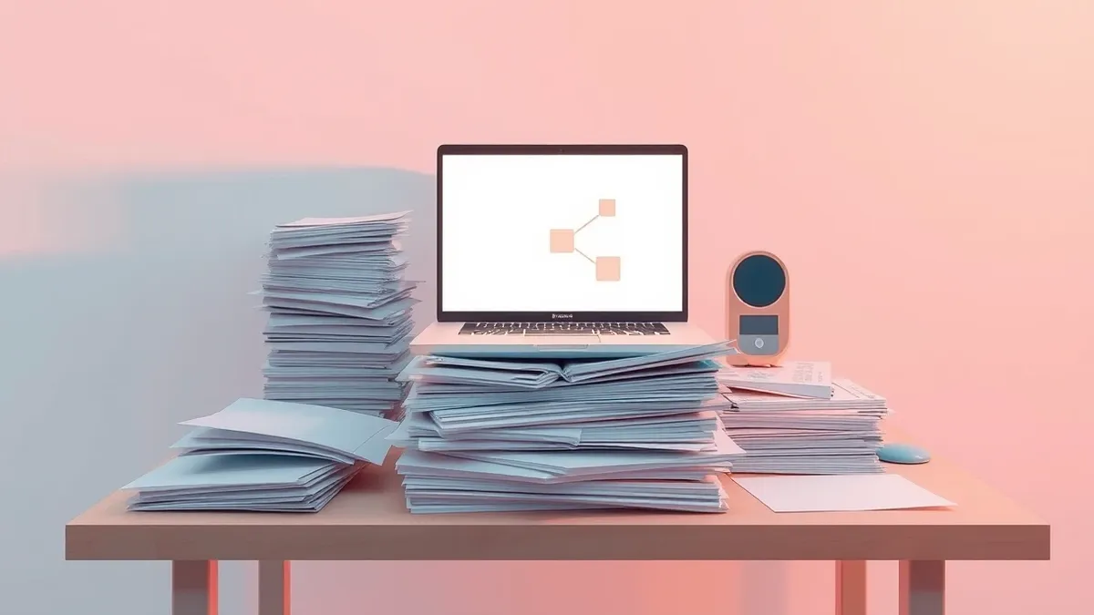 Illustration: A small office desk holds a messy stack of blank papers and a single laptop with a glowing screen.