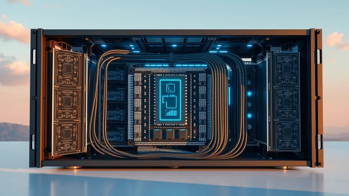 Illustration: A dense cluster of custom silicon chips sits inside an open server chassis, emitting a soft blue glow to indicate high efficiency.