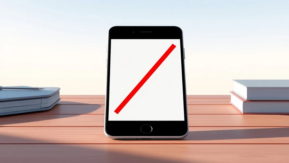 Illustration: A sleek smartphone rests on a wooden desk, its blank screen displaying simple abstract grey shapes.