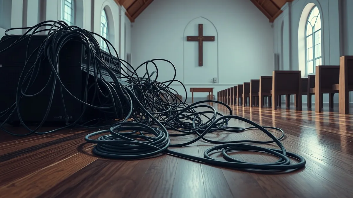 Illustration: Dark, tangled cables spill from a broken network router onto the polished wooden floor of a quiet church sanctuary.