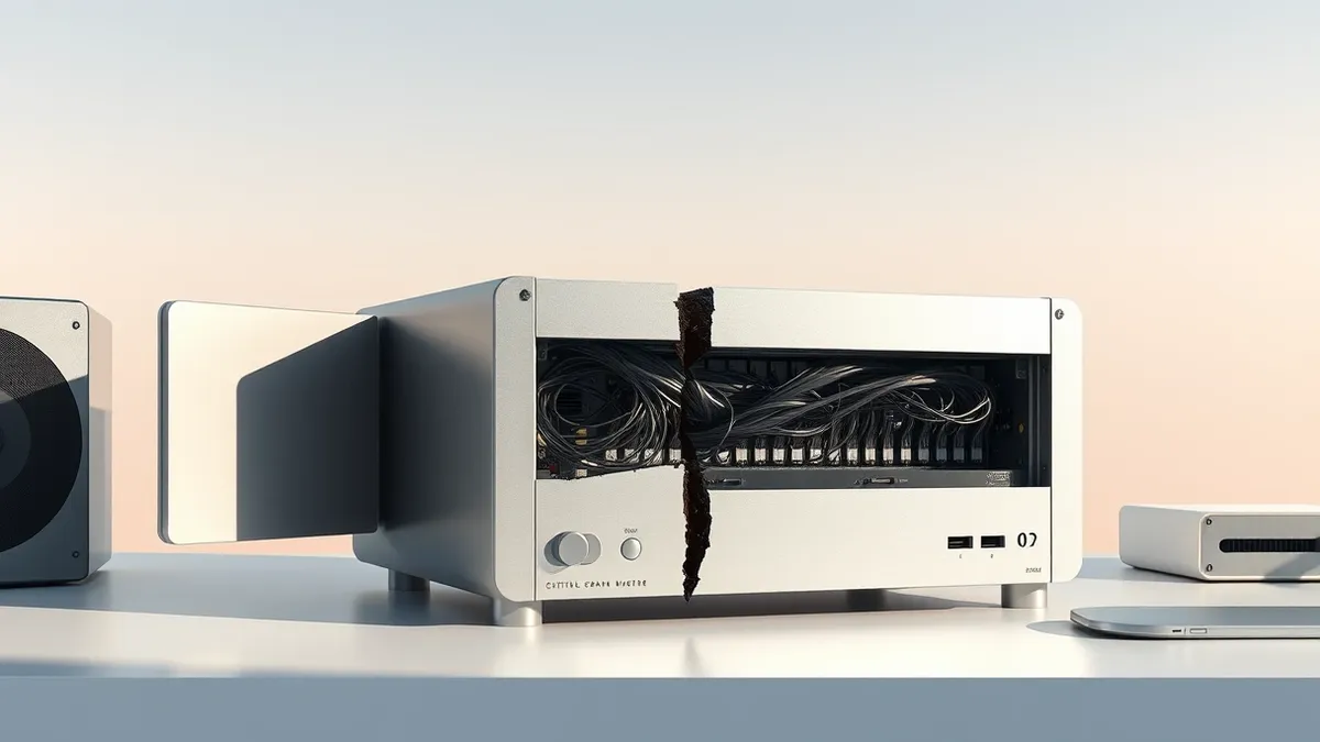 Illustration: A sleek silver converter box sits on a clean desk, its side panel sliding open to reveal exposed, tangled internal wiring.