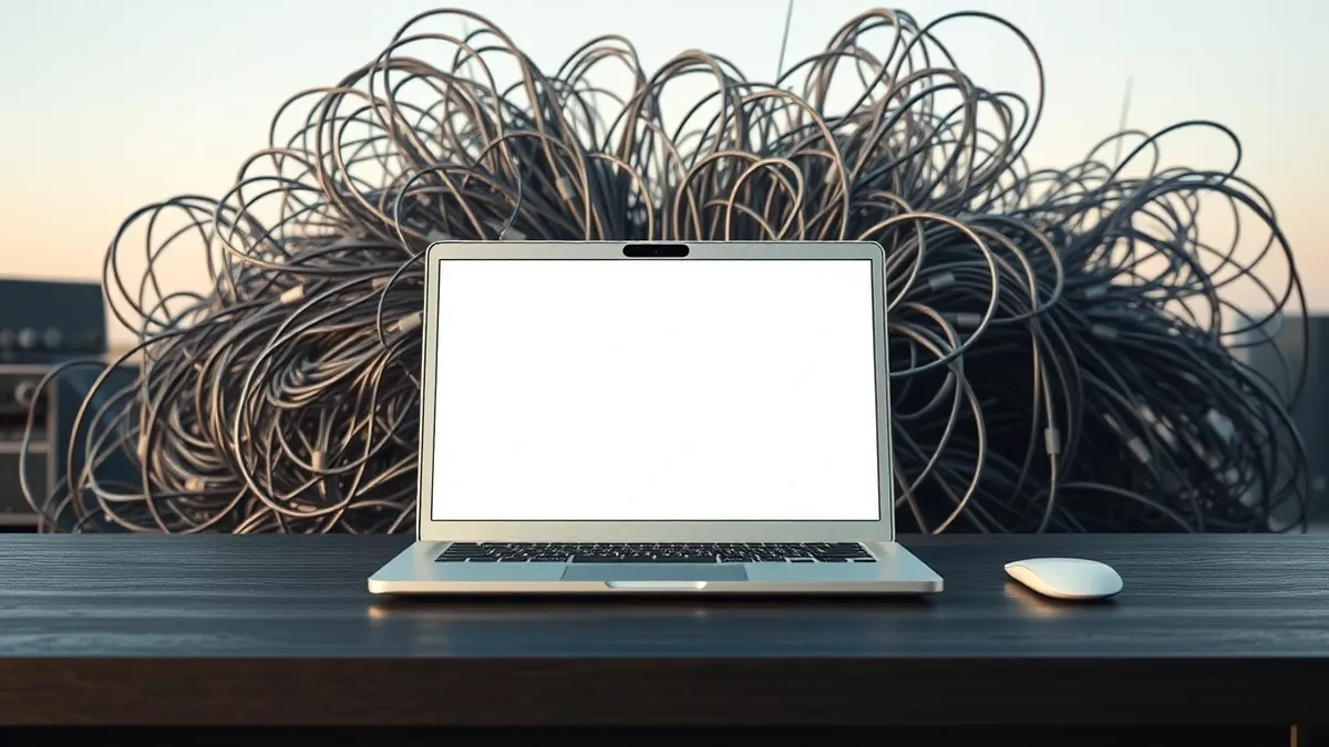 Illustration: A sleek silver laptop sits on a dark wooden desk, its screen displaying a single browser window with a blank white page.