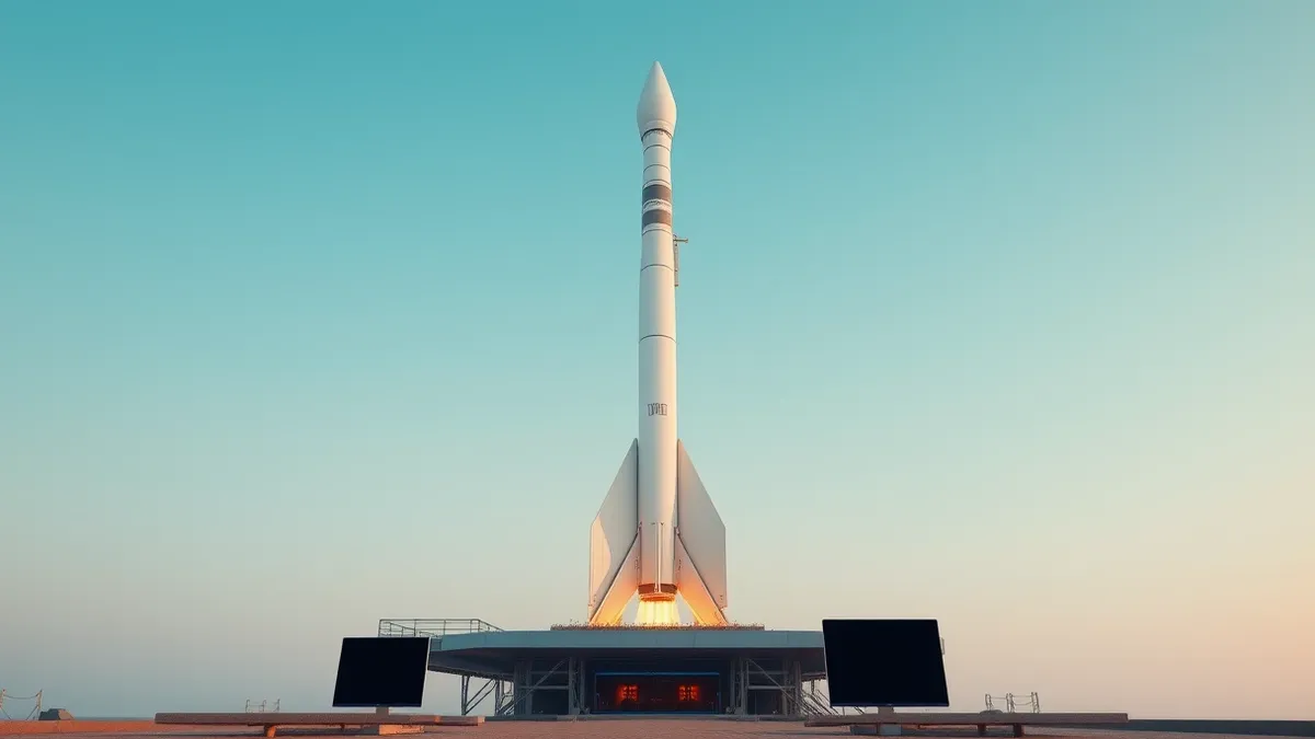 Illustration: A sleek white medium-lift rocket stands vertically on a launch pad, its engines glowing with bright orange exhaust as it begins to ascend into a clear blue sky, leavi