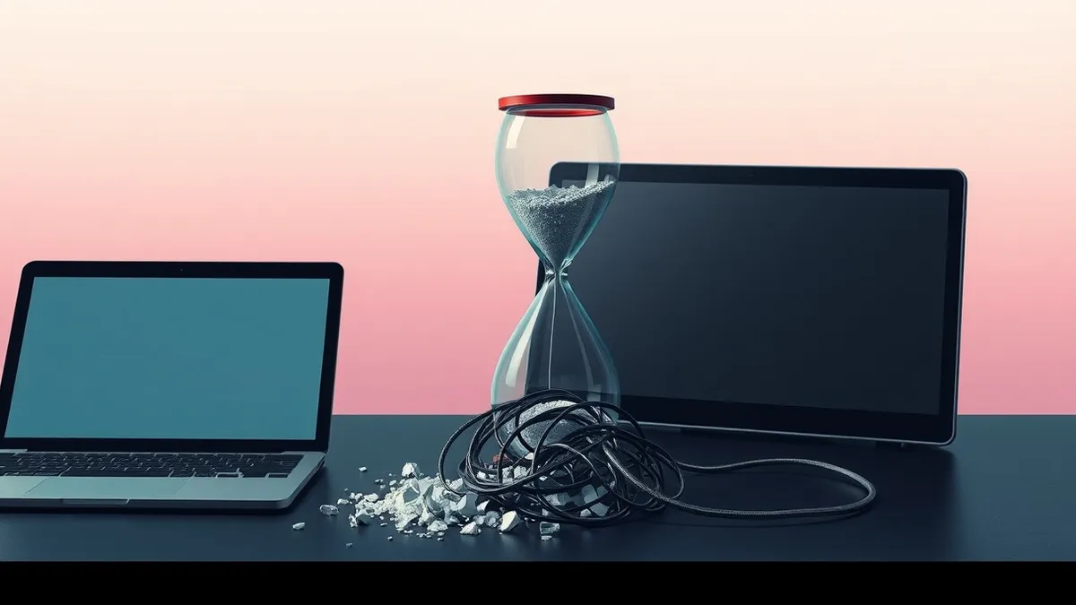 Illustration: A shattered glass hourglass sits on a dark desk, its sand spilled in a broken pile beside a tangled, severed cable.