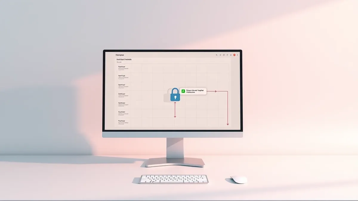 Illustration: A sleek low-code development platform interface sits on a blank monitor, its clean grid layout disrupted by a single unauthorized data packet slipping through a crack
