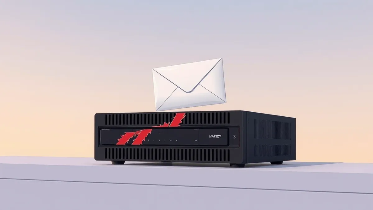Illustration: A sleek black network appliance sits on a plain desk with a single envelope hovering above its front panel.