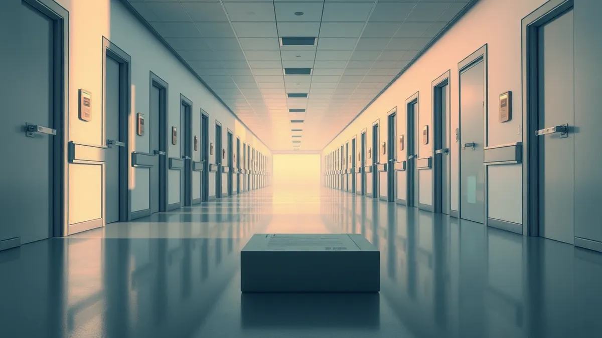Illustration: A sterile hospital corridor stretches into darkness as digital locks snap shut on every door.