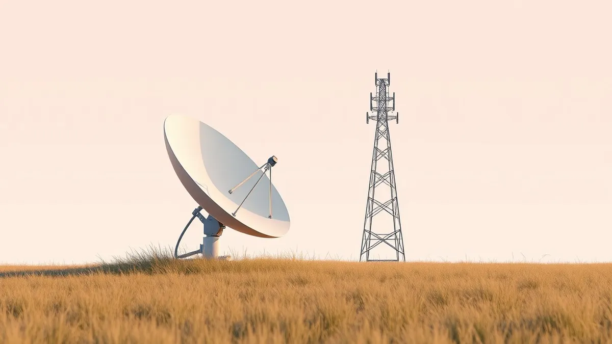 Illustration: A sleek satellite dish rests on grass near a cell tower.